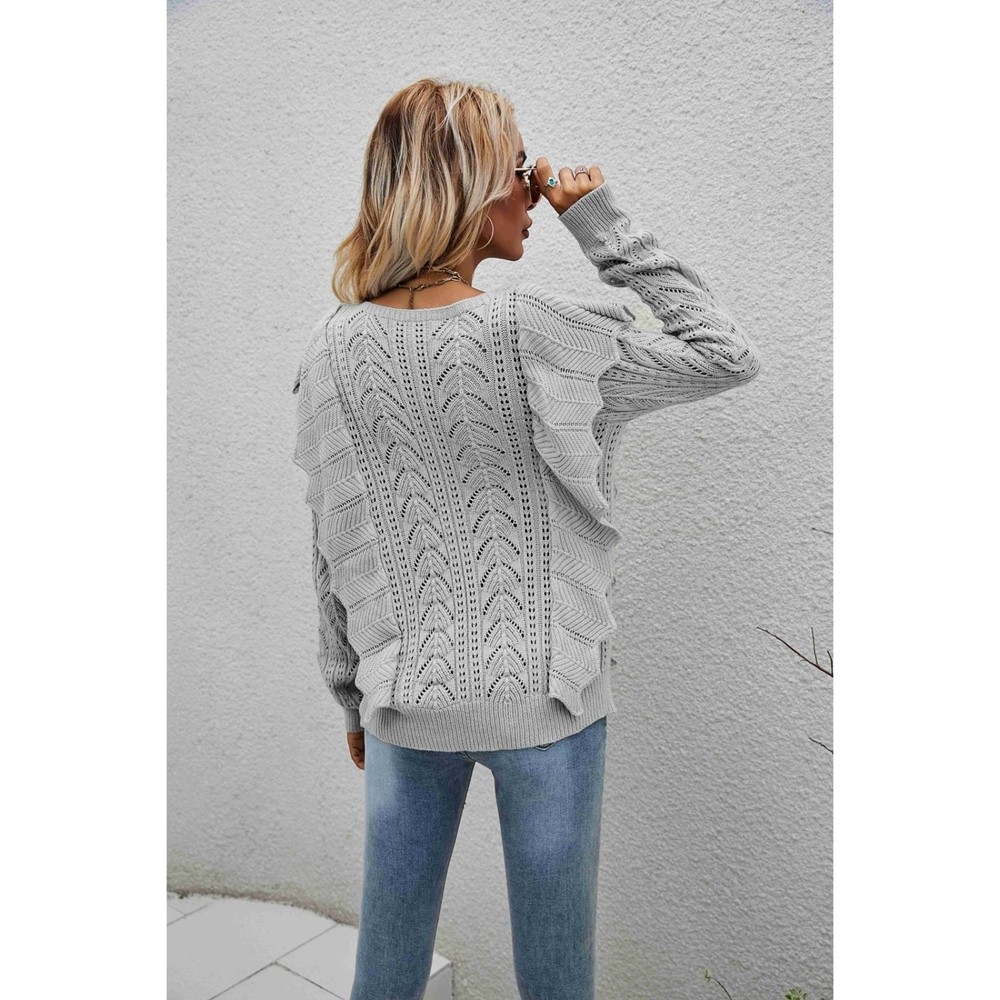 Openwork Round Neck Ruffled Sweater - Picture 8 of 16